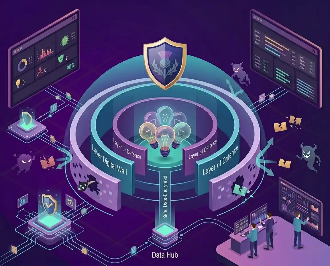 Cyber security services Lanarkshire – 98% multi-layer defense diagram showing three layers of protection and secure data hub for Central Scotland businesses